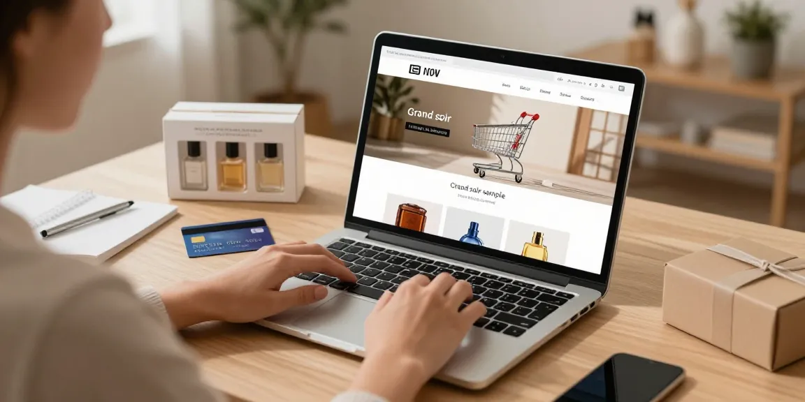 A vibrant scene of online shopping featuring a grand soir sample among premium perfume options on an e-commerce platform.