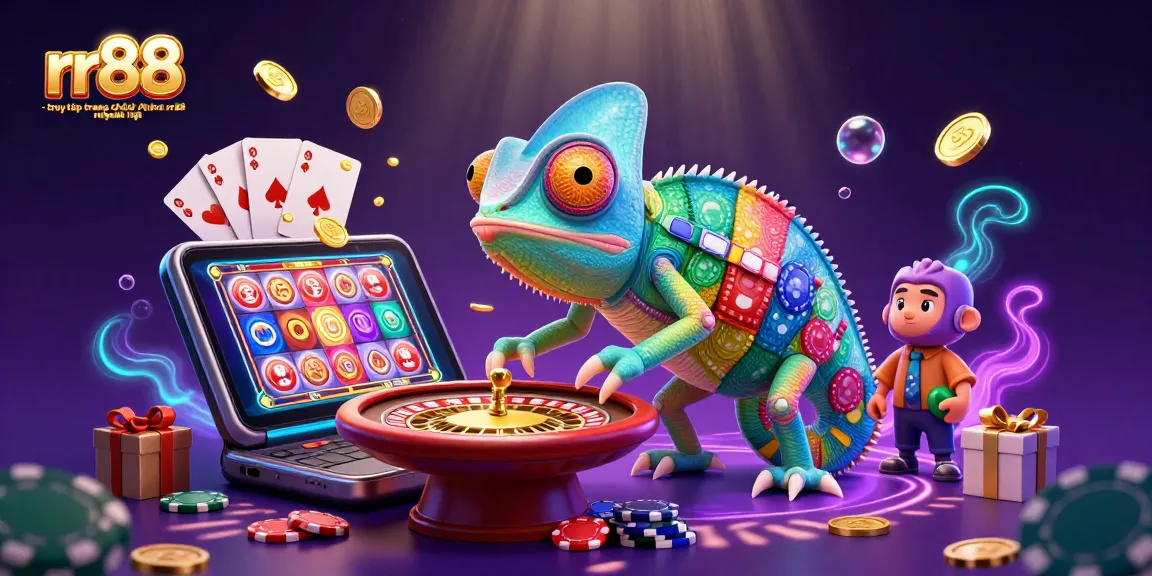 Engaging scene of rr88 - truy cập trang chủ nhà cái rr88 mới nhất, showcasing vibrant casino excitement with chameleon character.