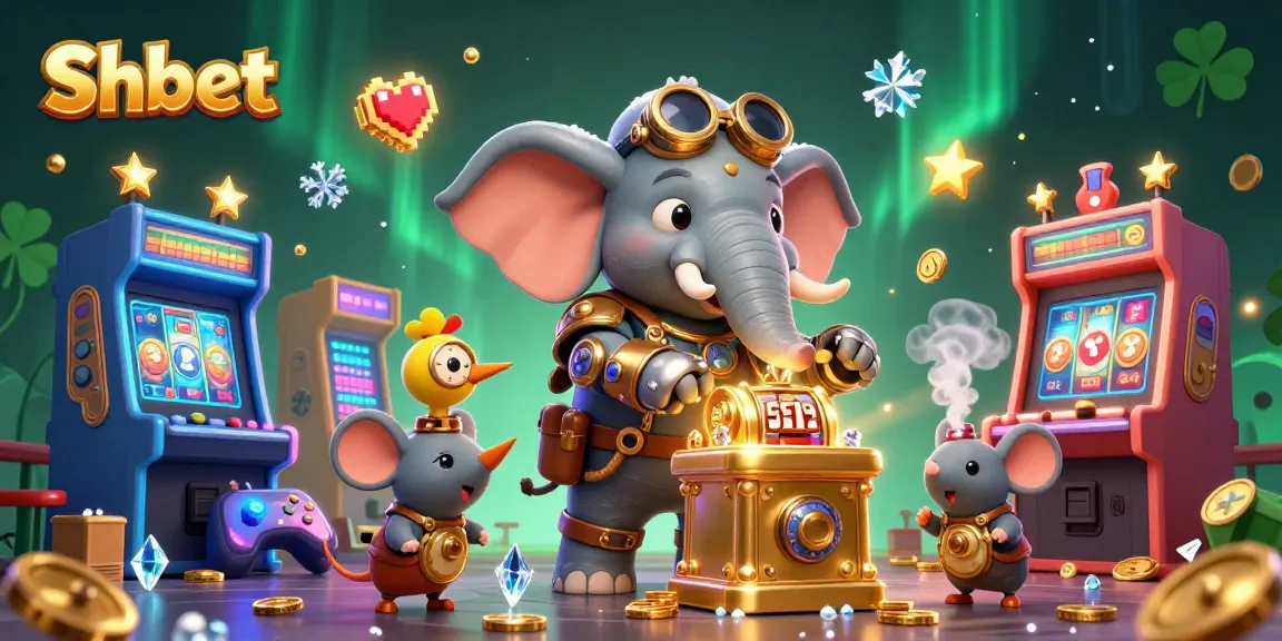 Spin the Shbet slot machine with a steampunk elephant engineer and arcade elements in a vibrant casino scene.