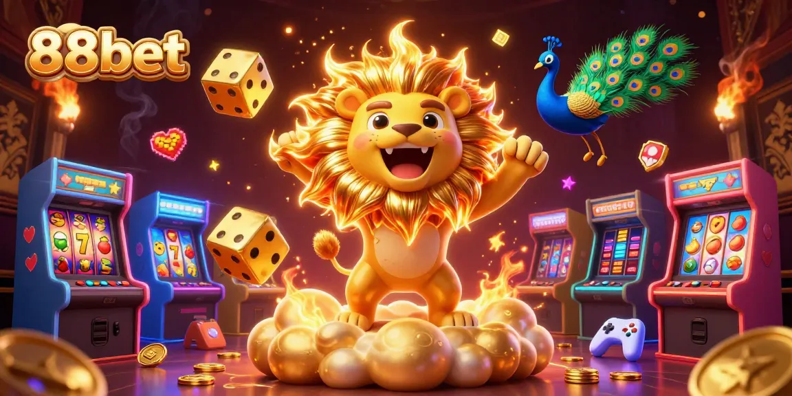 Experience the excitement of 88bet with a golden lion, dice, and vibrant slot elements.