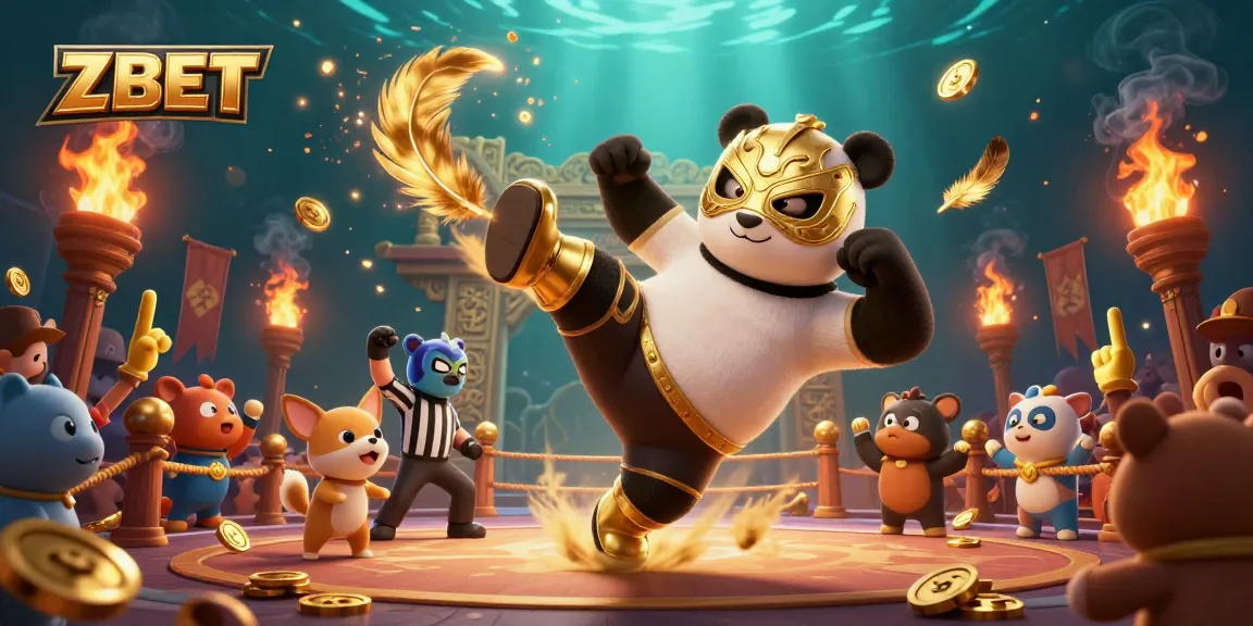 ZBET's dynamic cartoon scene features an action-packed panda wrestler with a cheering crowd in a vibrant casino atmosphere.