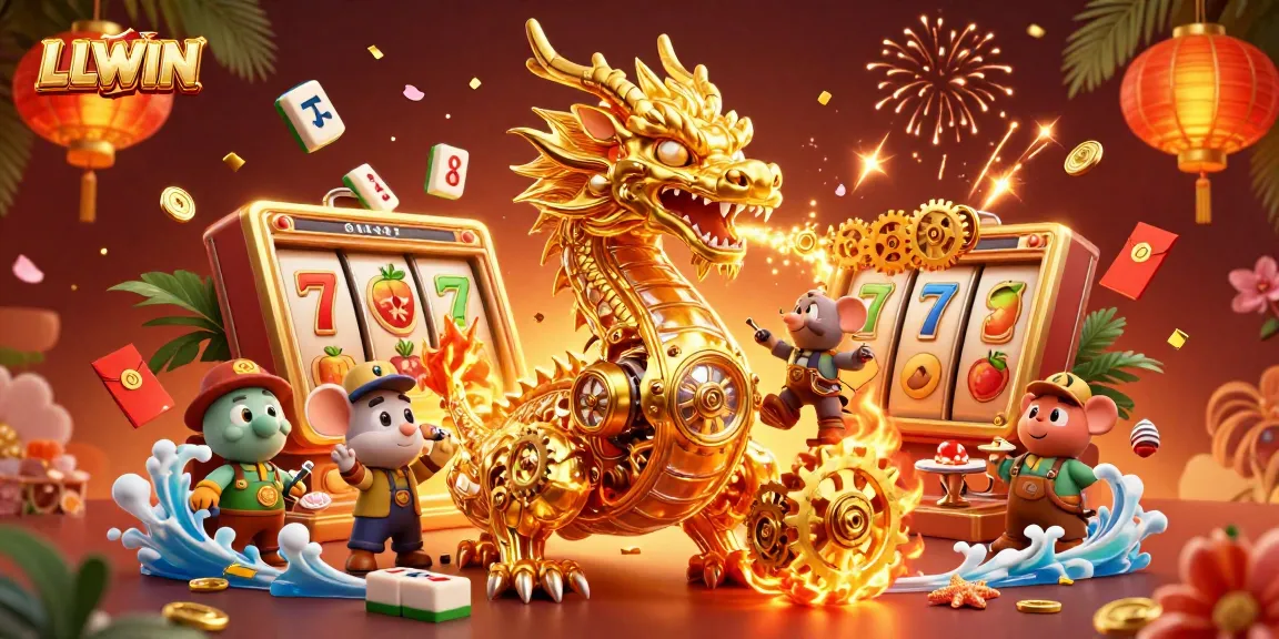 Experience the thrill of LLWIN with a golden dragon and engaging casino elements in this vibrant illustration.
