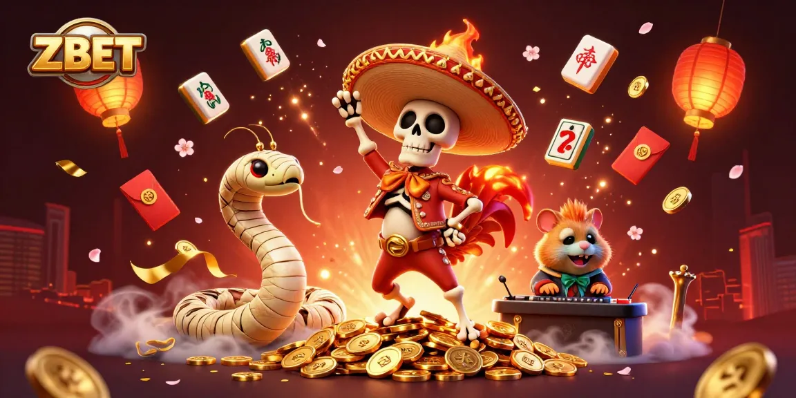 ZBET features a dancing skeleton rooster, mummy snake, and DJ hamster celebrating with vibrant casino and gaming elements.