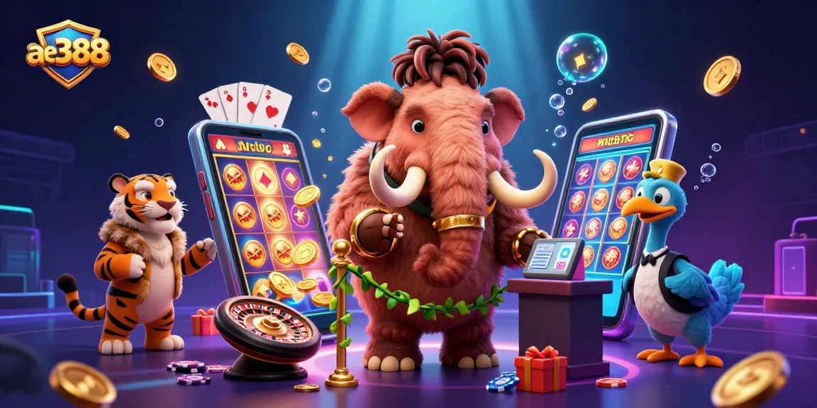 Engage in the ae388 casino experience with a vibrant 3D scene featuring a woolly mammoth bouncer and slot games.
