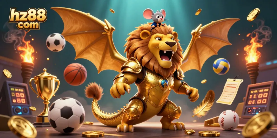 Engage with the exhilarating sports atmosphere of hz88 com through a vibrant 3D illustration of a golden chimera embracing victory amid dynamic gaming elements.