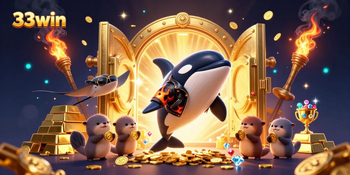 33win captures thrilling casino action with cartoon characters amidst treasures and vibrant gems.