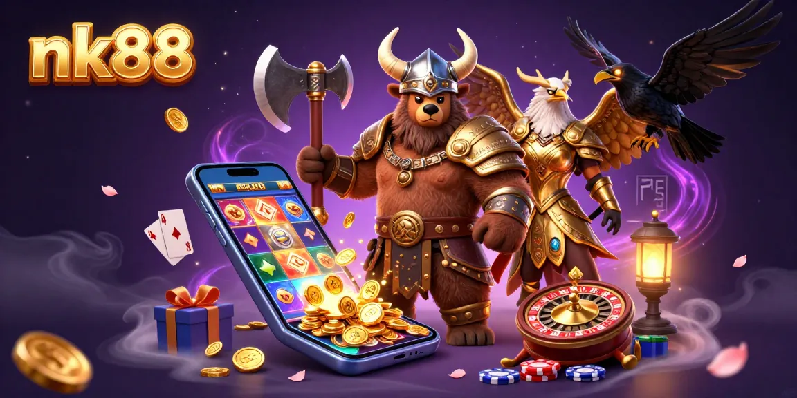 Experience the excitement of nk88 with a vibrant Viking bear and Valkyrie eagle amid slot game action.