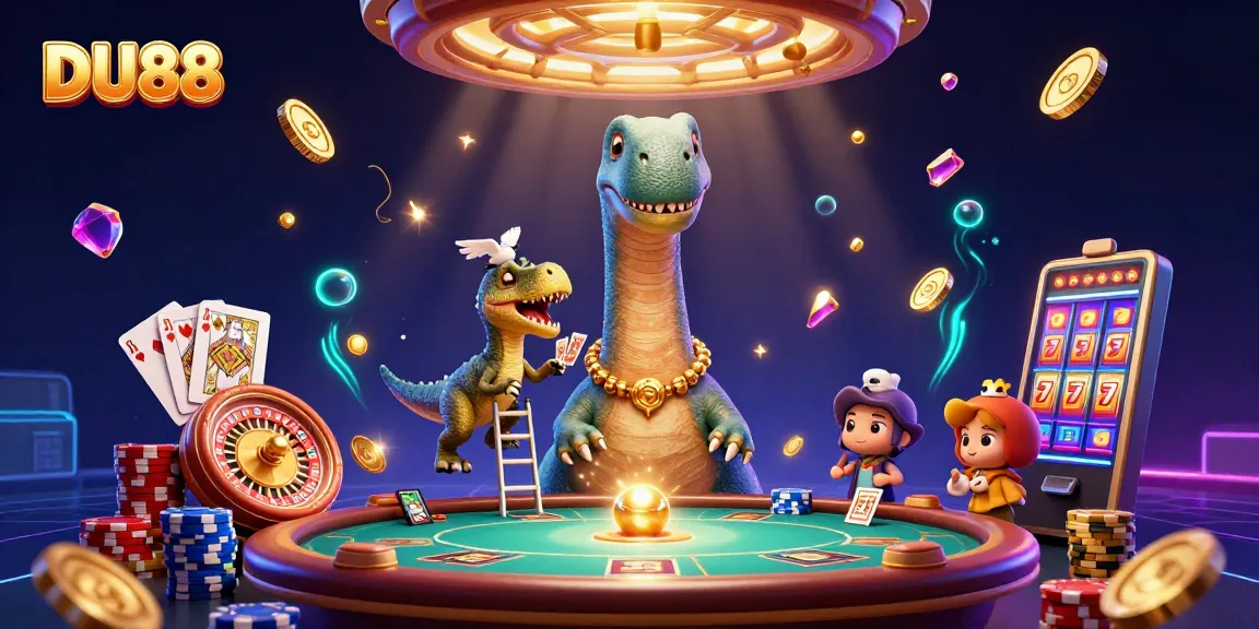 Join DU88's thrilling casino adventure with a playful dinosaur and dynamic card dealer!