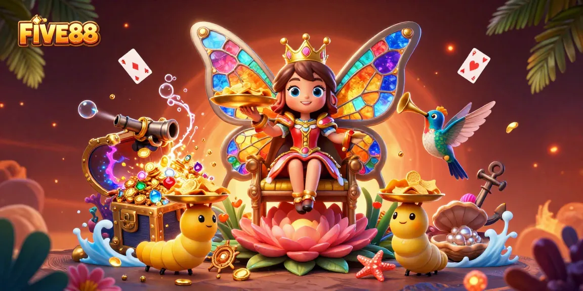 Join the excitement at FIVE88 with vibrant casino elements and animated characters.