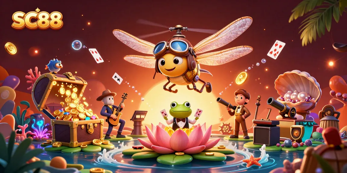 Join the excitement at SC88 with a vibrant 3D illustration of a dragonfly pilot, frog dealer, and jazz musicians, showcasing casino fun.