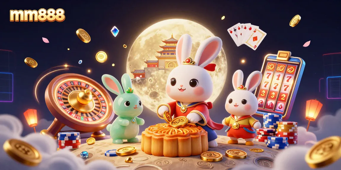 Win big with mm888 as the moon rabbit reveals poker chips inside golden mooncakes.