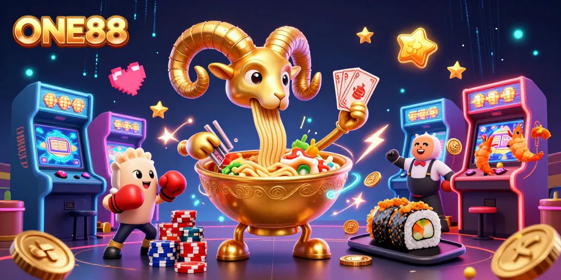 Experience the thrill of ONE88 with a vibrant, animated casino scene featuring playful characters and game elements.